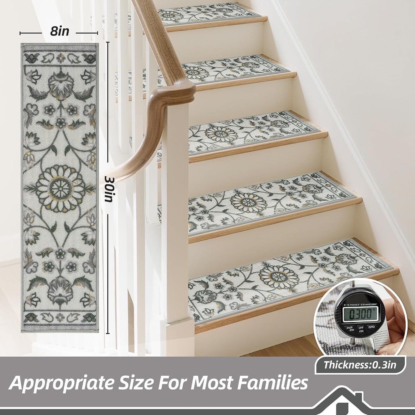BEQHAUSE Stair Treads for Wooden Steps Non-Slip Machine Washable Carpet Stair Treads 8"X30" Soft Indoor Stair Runner for Kids Elders and Pets, 100% Polyester, TPE Backing, 15pcs, Grey/Orange