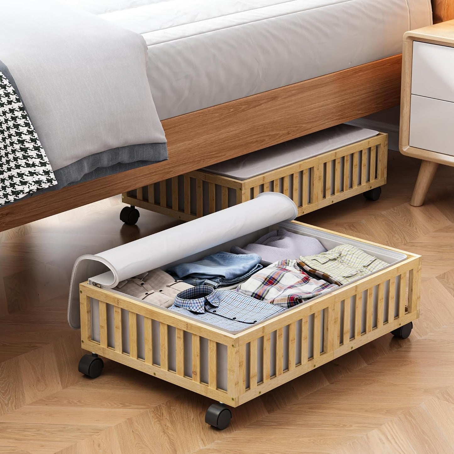 Bamboo Under Bed Storage Containers with Wheels, 2 Pack Under the Bed Shoe Storage Bins, Wood Rolling Underbed Drawers with Bag Organizer for Bedroom, Sheets Clothes Blanket Comforter, Under Crib Toy