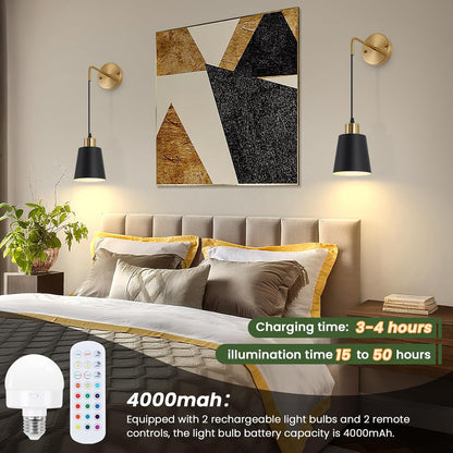 Battery Operated Wall Sconces Set of 2,Wireless Wall Sconce with Remote Control,Rechargeable wall Lights with 15 Color Changing,Dimmable Modern Wall Lamp for Bedroom Living Room Hallway