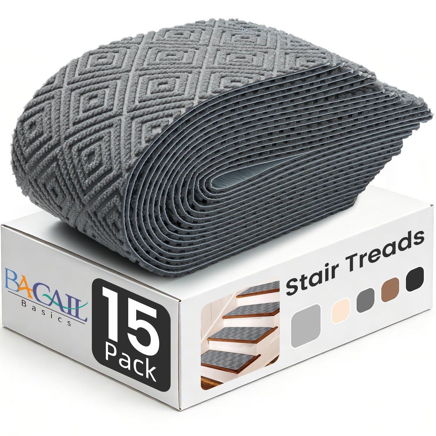 BAGAIL 15 Pack Non-Slip Stair Treads for Wooden Steps, 8"x30" Peel and Stick Carpet Stair Runners, Machine Washable Indoor Step Covers with No-Residue Adhesive for Dogs, Kids & Elderly - Bluish Grey