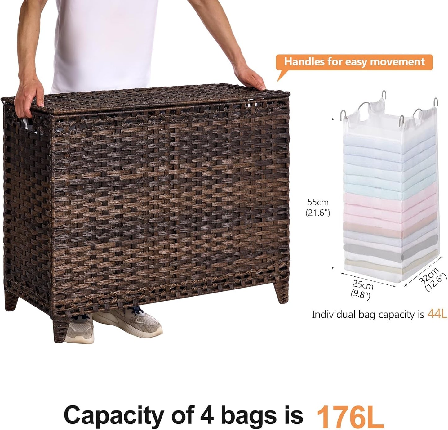 Laundry Hamper with 3 Removable Liner Bags; 132L Handwoven Rattan Laundry Basket with Lid & Heightened Feet; Clothes Hamper with Side Handles; Laundry Sorter with 3 Separate Sections