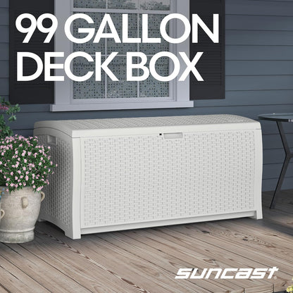 Suncast DBW9200 99 Gallon Outdoor Wicker resin Patio Storage Chest Bin with Handles for Patio, Garden, Garage, or Pool for All Weather, Mocha