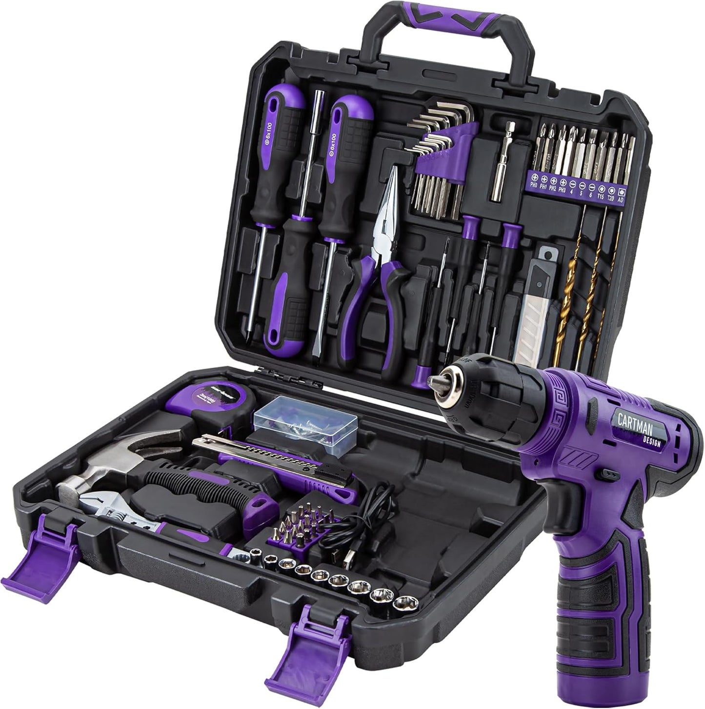 CARTMAN 150PCS 8V Cordless Drill Hand Tool Set, Purple Household Repair Kit | All-Inclusive Tool Assortment With 8V Drill, Great For Home Upkeep, DIY Crafting And Daily Household Fixes