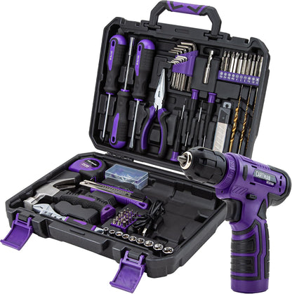 CARTMAN 150PCS 8V Cordless Drill Hand Tool Set, Purple Household Repair Kit | All-Inclusive Tool Assortment With 8V Drill, Great For Home Upkeep, DIY Crafting And Daily Household Fixes