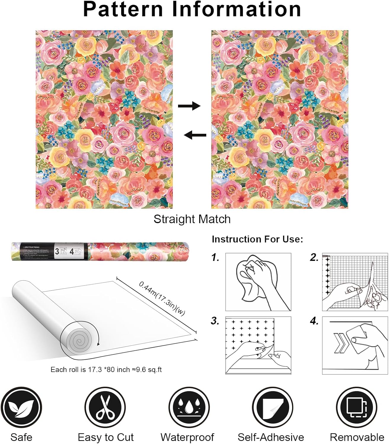 Simon&Siff Floral Peel and Stick Wallpaper 17.3"x80" Pink Watercolor Flowers Wall Murals Removable Wall Paper for Bedroom Bathroom Cabinet Renter Friendly
