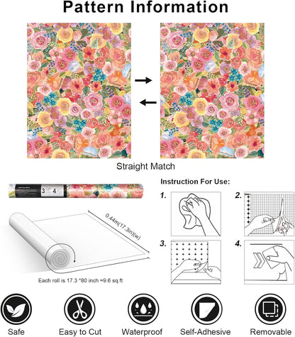 Simon&Siff Floral Peel and Stick Wallpaper 17.3"x80" Pink Watercolor Flowers Wall Murals Removable Wall Paper for Bedroom Bathroom Cabinet Renter Friendly