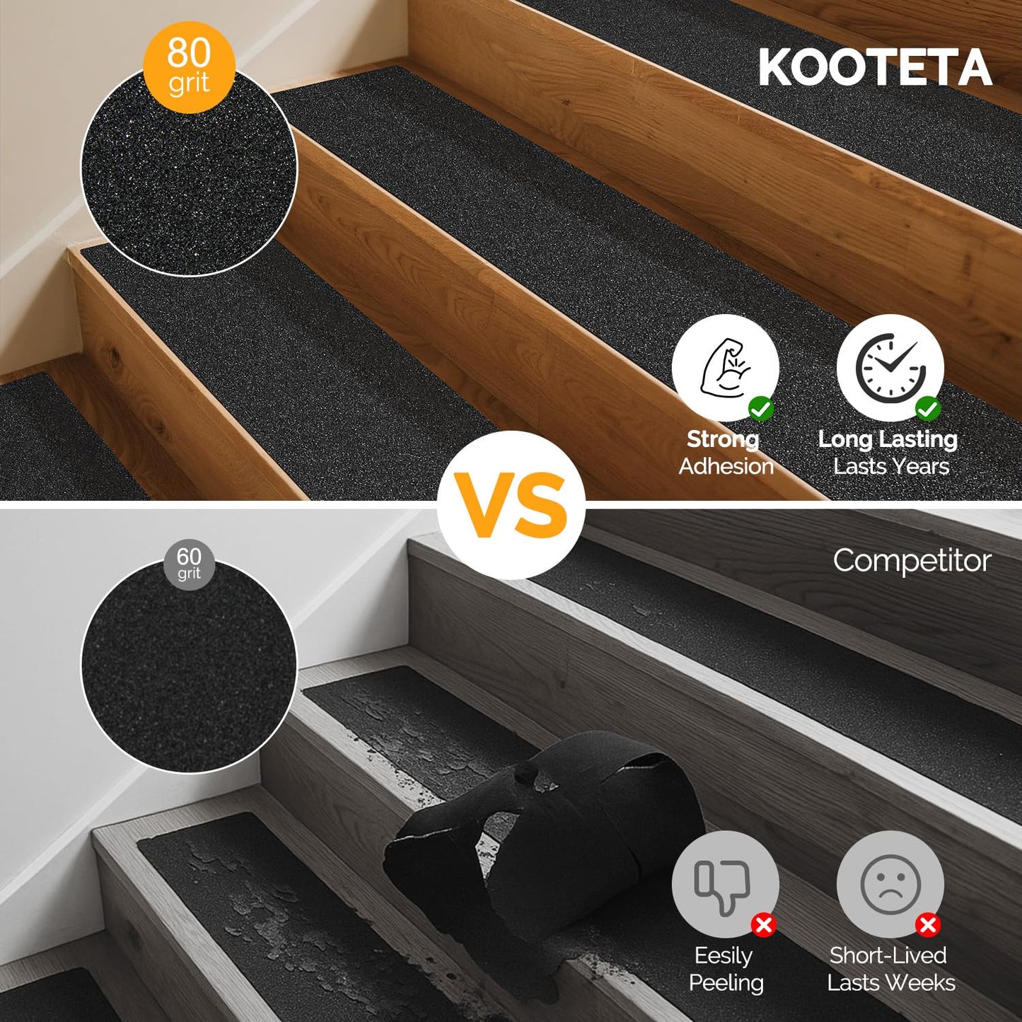 KOOTETA Stair Treads for Wooden Steps Indoor, 15 Pack 8" X 30" Non Slip Carpet Stair Treads with Reusable Adhesive for Kids Elders and Dogs, Surface Polyester TPR Backing Stair Runner Rugs, Dark Grey