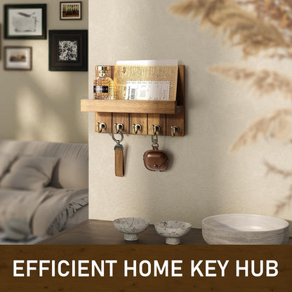 Rebee Vision Decorative Key Holder Wall Mount - Rustic Key Holder for Wall with Shelf and Mail Organizer for Living Room Decor - Home Essentials for Home Improvement (Brown, 3.54" x 10" x 7.28")