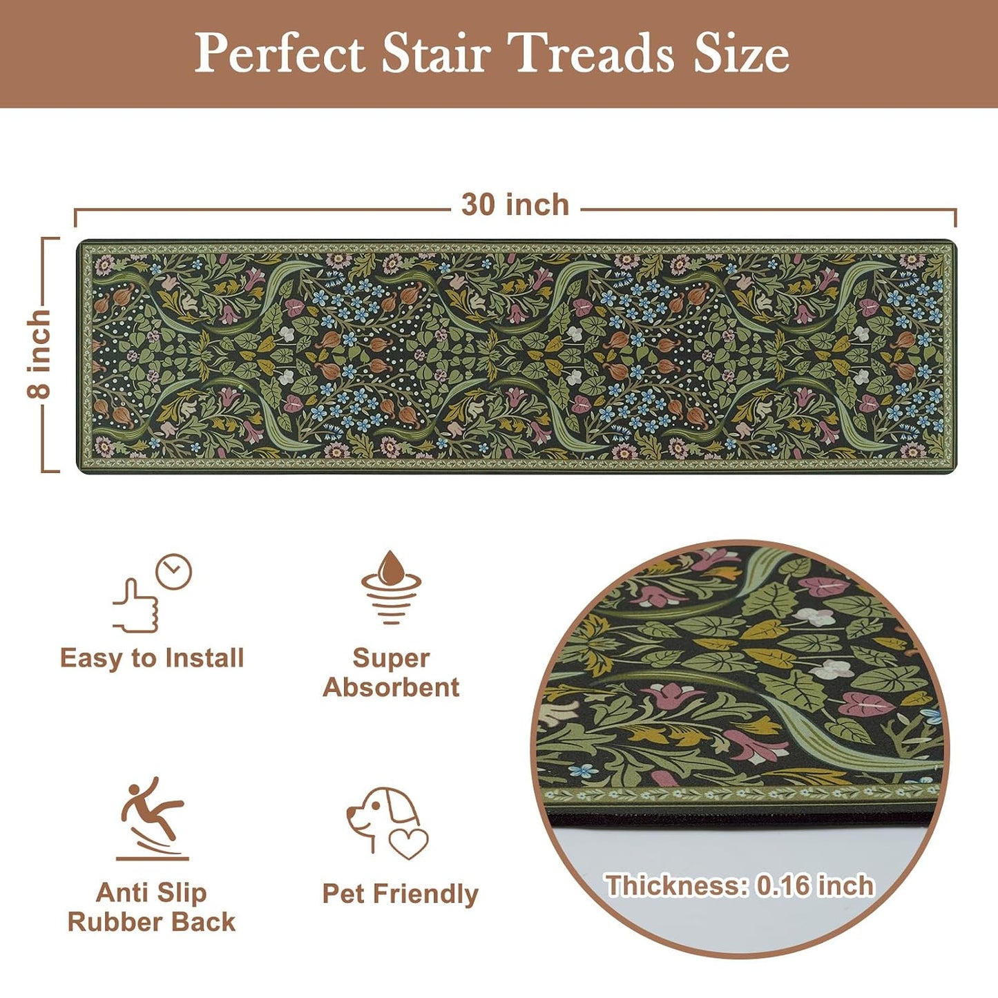 OJIA Floral Stair Treads Non-Slip Stair Runner for Wooden Steps Indoor 15PCS 30"x8" Carpet Stair Treads Stair Mats Staircase Step Treads for Kids, Elders and Dogs, Stair Covers, Black