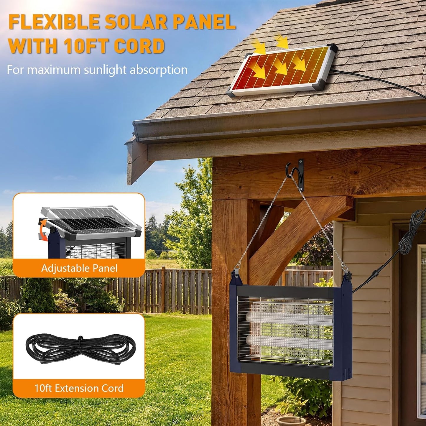 Solar Bug Zapper Outdoor, 4500V Solar Mosquito Zapper for Outdoor & Indoor, 1/2 Acre Coverage Cordless Rechargeable Electric Fly Zapper, IPX5 Waterproof Mosquito Traps for Backyard, Patio, Camping