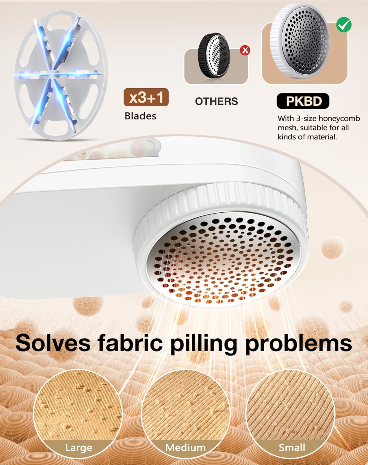 PKBD IPX6 Waterproof Washable Electric Fabric Shaver and Lint Remover, Rechargeable Sweater Defuzzer with 3 Free Extra Blades, Quickly and Effectively Remove Fluff, Fuzz, Bobbles for Clothes, White