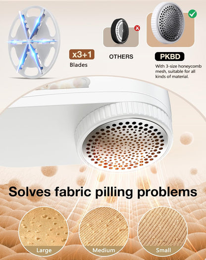 PKBD IPX6 Waterproof Washable Electric Fabric Shaver and Lint Remover, Rechargeable Sweater Defuzzer with 3 Free Extra Blades, Quickly and Effectively Remove Fluff, Fuzz, Bobbles for Clothes, White