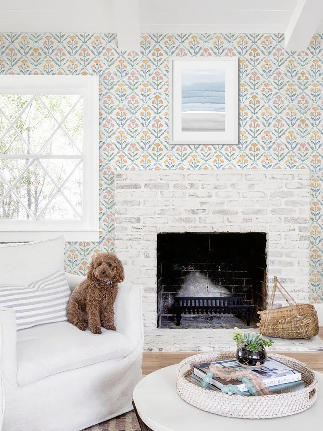 Dimoon 17.3''x78.7'' Peel and Stick Wallpaper Floral Cute Contact Paper Vintage Village Country Cottage Wallpaper Farmhouse Yellow Beige Renter Friendly Geometry Waterproof Embossed Kitchen Bedroom
