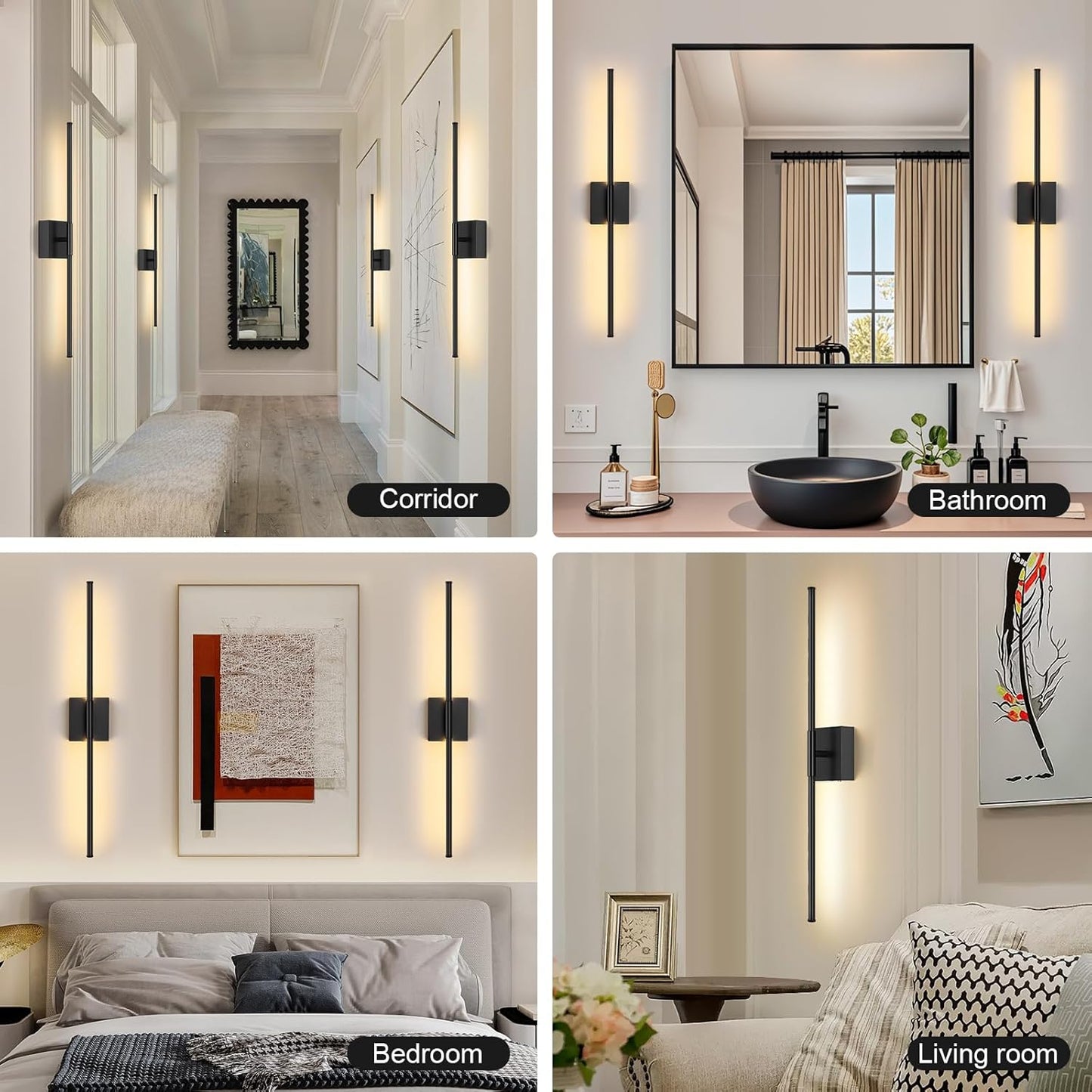 Battery Operated Wall Sconce Set of Two with Remote Control, 3000K-6000K Dimmable Black Wall Lights, Timable LED Wireless Wall Sconces, 350° Ratate for Bathroom, Living Room, Hallway 29.1 Inch