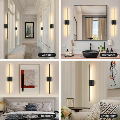 Battery Operated Wall Sconce Set of Two with Remote Control, 3000K-6000K Dimmable Black Wall Lights, Timable LED Wireless Wall Sconces, 350° Ratate for Bathroom, Living Room, Hallway 29.1 Inch