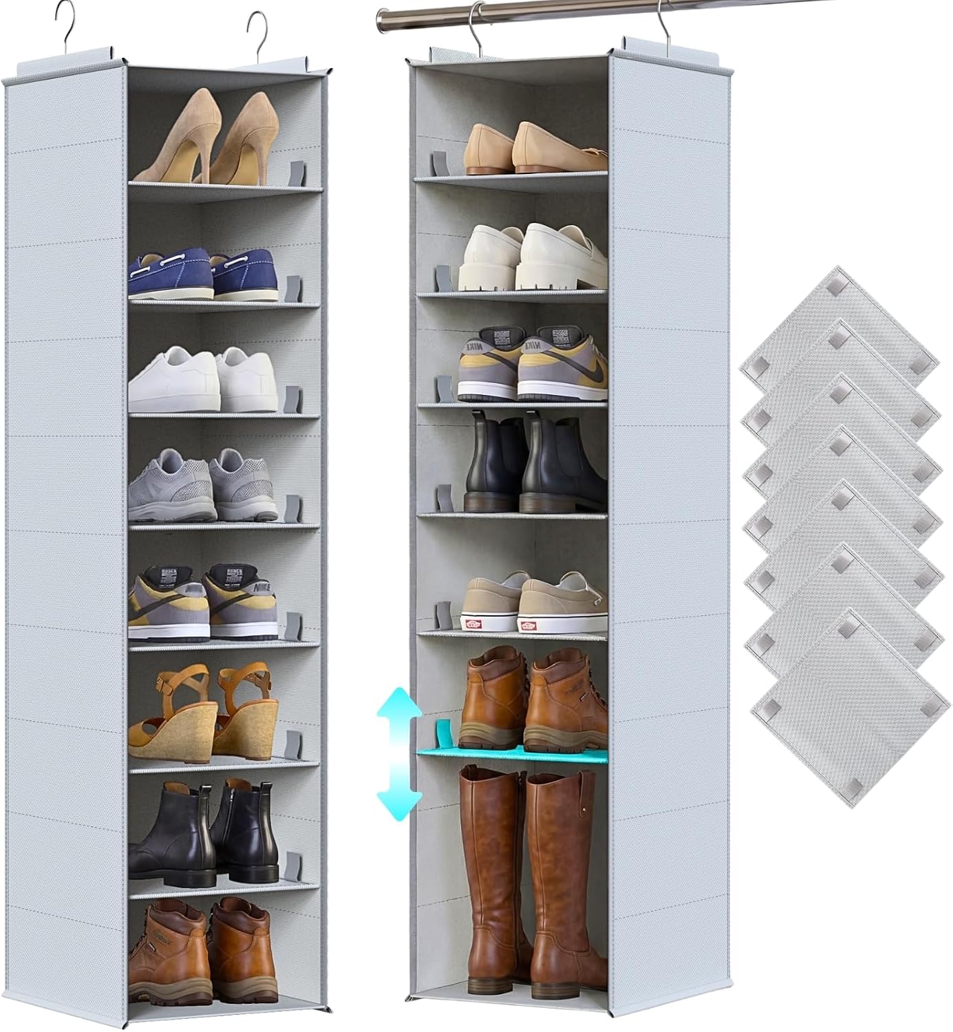 Hanging Shoe Organizer for Closet, 8 Tier Extra Wide Closet Shoe Organizer | Adjustable Shelf Height for Boots and Shoes, Heavy Duty Hanging Shoe Rack for Closet Rod, Space-Saving Shoe Storage Organizer