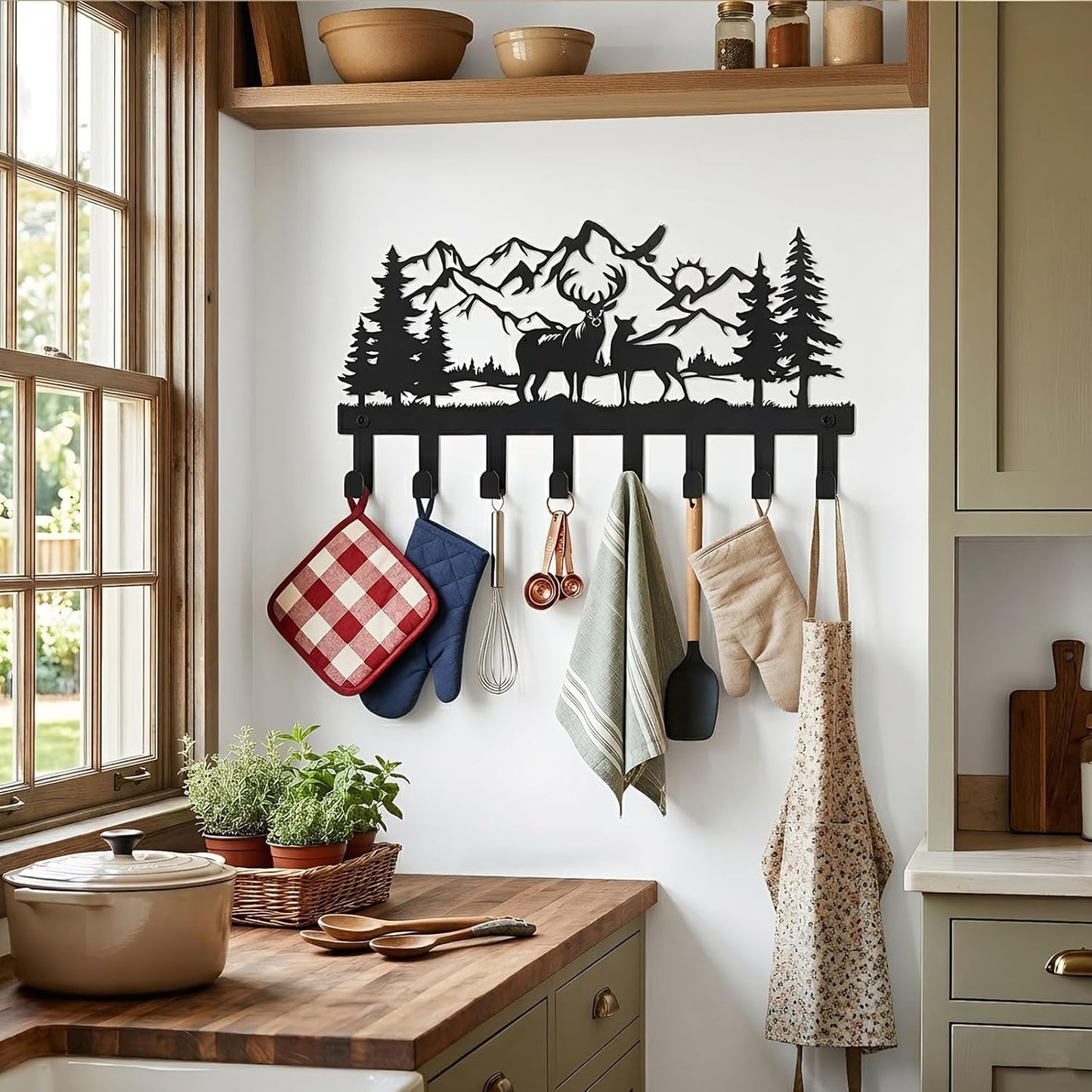 Deer Mountain Metal Key Holder Wall Mount Key Holder for Wall Rustic Cabin Decor Key Rack Hooks Hanger Woodland Wildlife Wall Art Entryway Organizer Housewarming Hunting Gifts