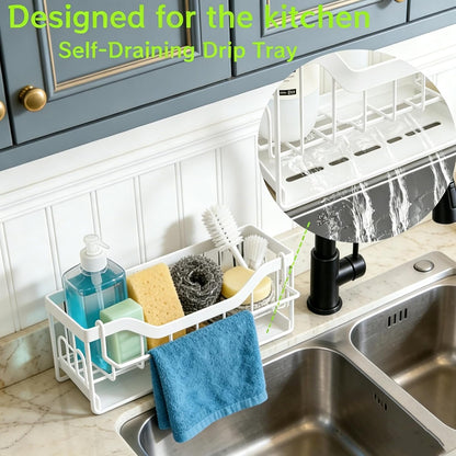 Sponge Holder for Kitchen Sink - Sink Caddy Organizer with Auto Drain Tray, Detachable Towel Rack, Stainless Steel Kitchen Counter Organizer Rack, Black