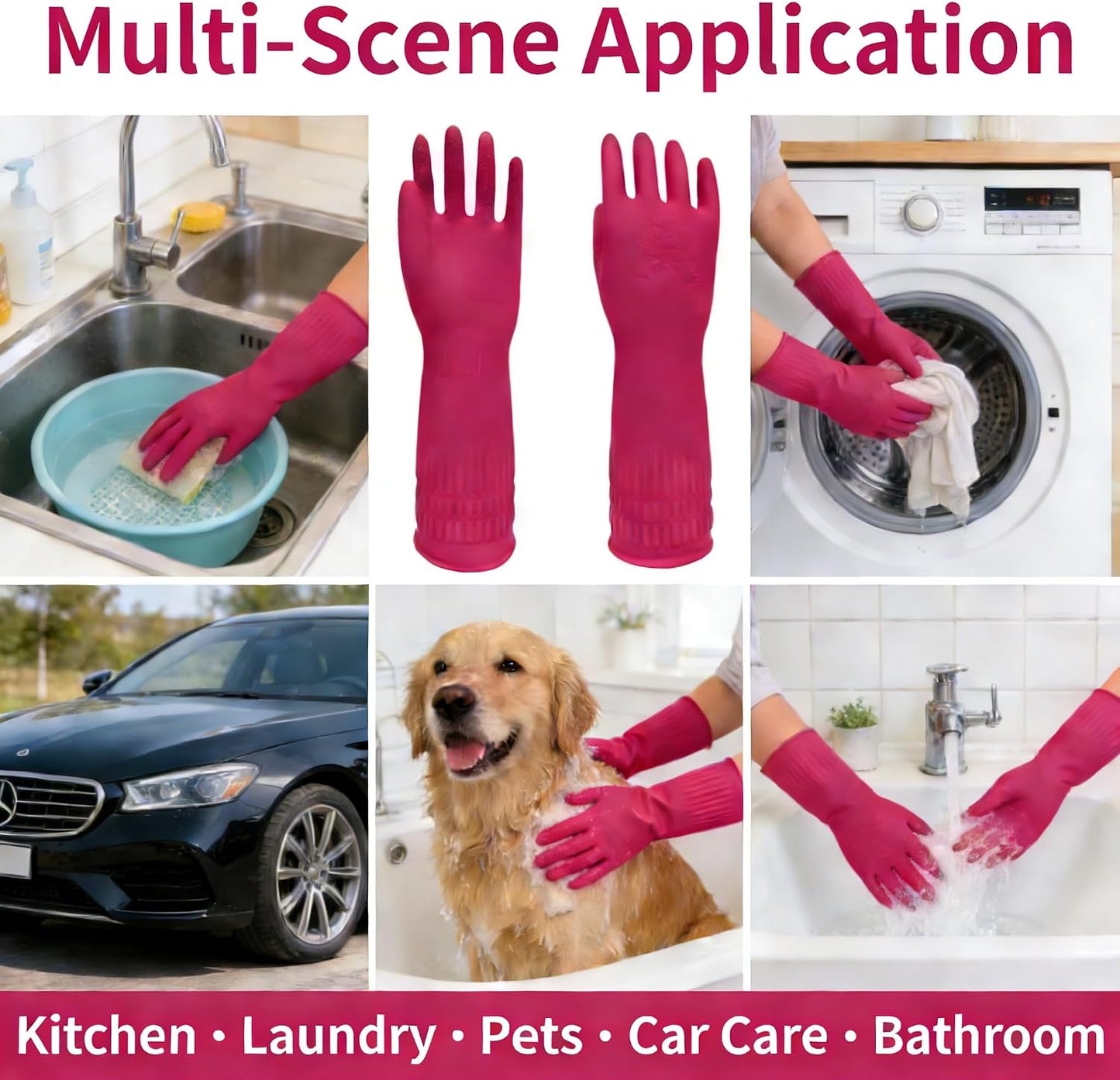 Long Cuff Rubber Cleaning Gloves for Household and Kitchen, Durable Dishwashing Gloves with Textured Grip, Medium Size Protection Reusable for Deep Cleaning, Mopping, and Car Detailing, Pink