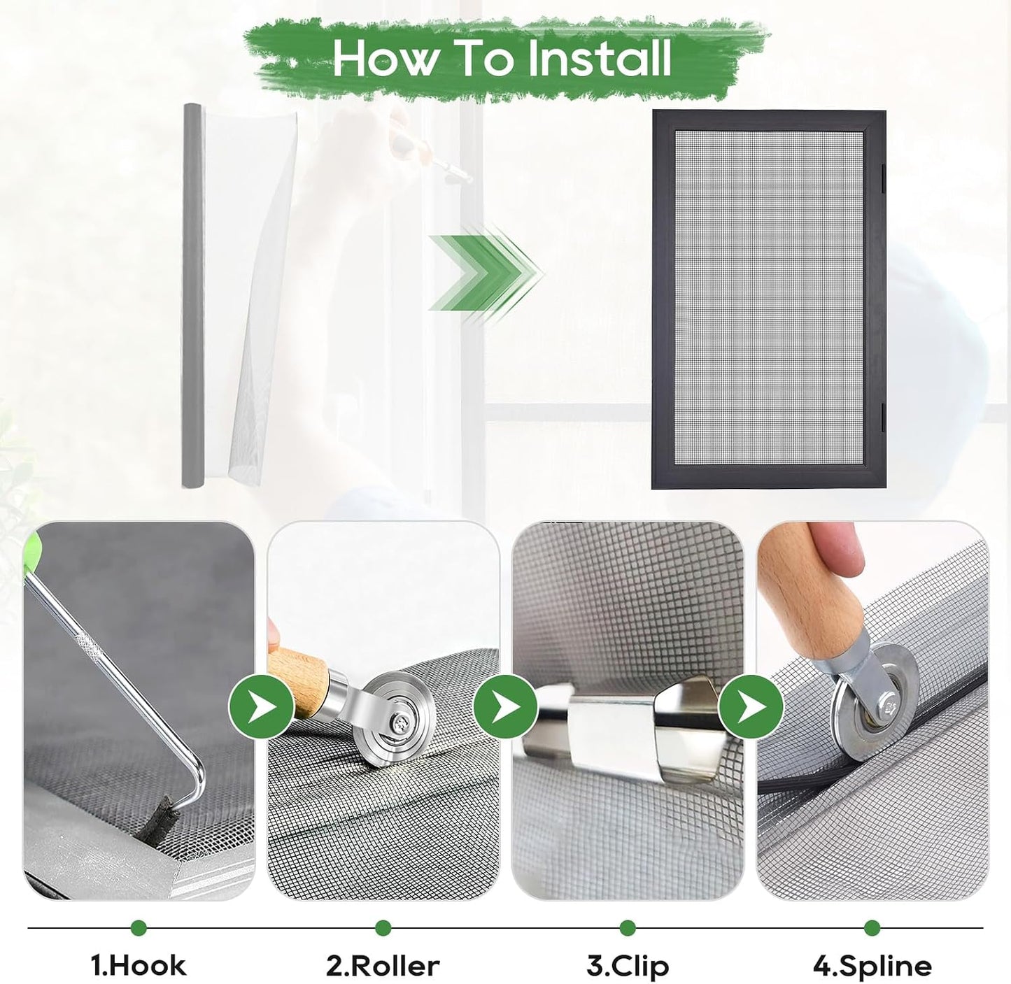 King&Charles Window Screen Door Repair/Replacement Kit, Include Black Screen Mesh 48"x118"+ 2 Roller+50Ft Spline+8Clips+Hook, 6 in 1 Window Mesh Kit, Steel/Nylon Bearing Roller