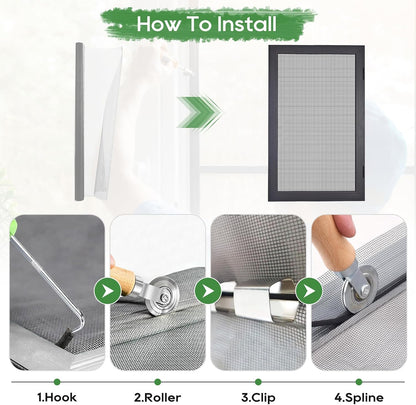 King&Charles Window Screen Door Repair/Replacement Kit, Include Black Screen Mesh 48"x118"+ 2 Roller+50Ft Spline+8Clips+Hook, 6 in 1 Window Mesh Kit, Steel/Nylon Bearing Roller