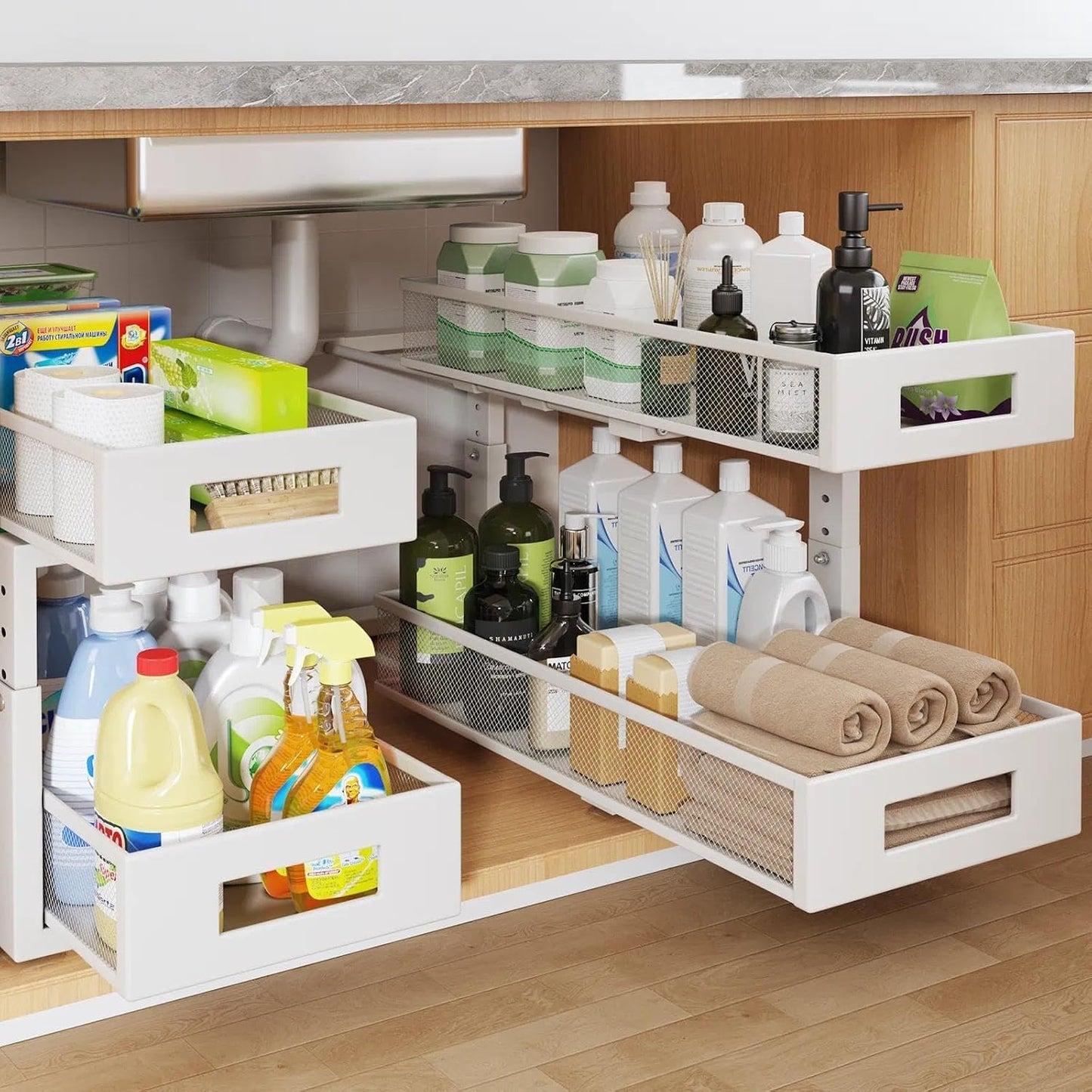 Under Sink Organizer, 2-Tier Dual Pull Out Cabinet Organizer Drawers With Smooth Circular Rail, Large Capacity Metal Mesh Sliding Shelves For Bathroom& Kitchen Storage,Height Adjustable–White,2 Packs