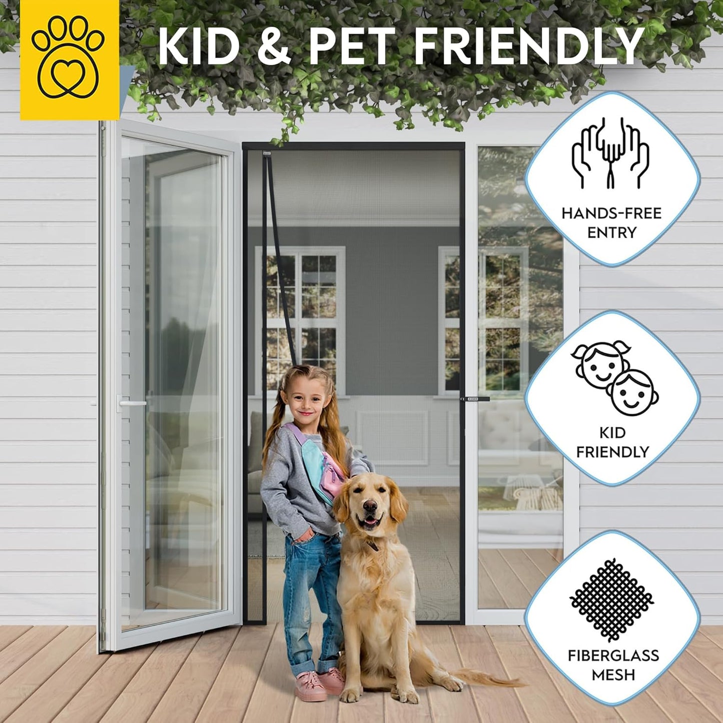 AUGO Heavy Duty Magnetic Screen Door – Fiberglass Pet Resistant Mesh, Self Sealing Hands Free Magnetic Closure, Tear Resistant Door Screen Keeps Bugs Out, Patent Pending Keep Open Feature – 38” x 83”