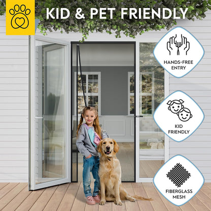 AUGO Heavy Duty Magnetic Screen Door – Fiberglass Pet Resistant Mesh, Self Sealing Hands Free Magnetic Closure, Tear Resistant Door Screen Keeps Bugs Out, Patent Pending Keep Open Feature – 38” x 83”