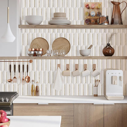 Vamos Peel and Stick Backsplash Seamless Tile for Kitchen and Bathroom,White and Beige Slate PVC Mixed Light Gold Self Adhesive Fish Scale Metal Mosaic Tiles (10 Sheets)