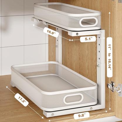 2 Pack Under Sink Organizer With Smooth Cylindrical Rail,2-Tier Pull Out Multi-Purpose Cabinet Storage for Bathroom&Kitchen,Height Adjustable,Rust-resistant Coating-White