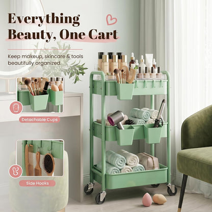 2 Tier Small Rolling Cart Metal with Wheels, White Under Desk Storage Cart on Wheels, Short Utility Roller Caddy Carts Organizer for Art,Craft,Pantry,Bathroom, Two Tiered Shelf Trolley,22 Inches Tall