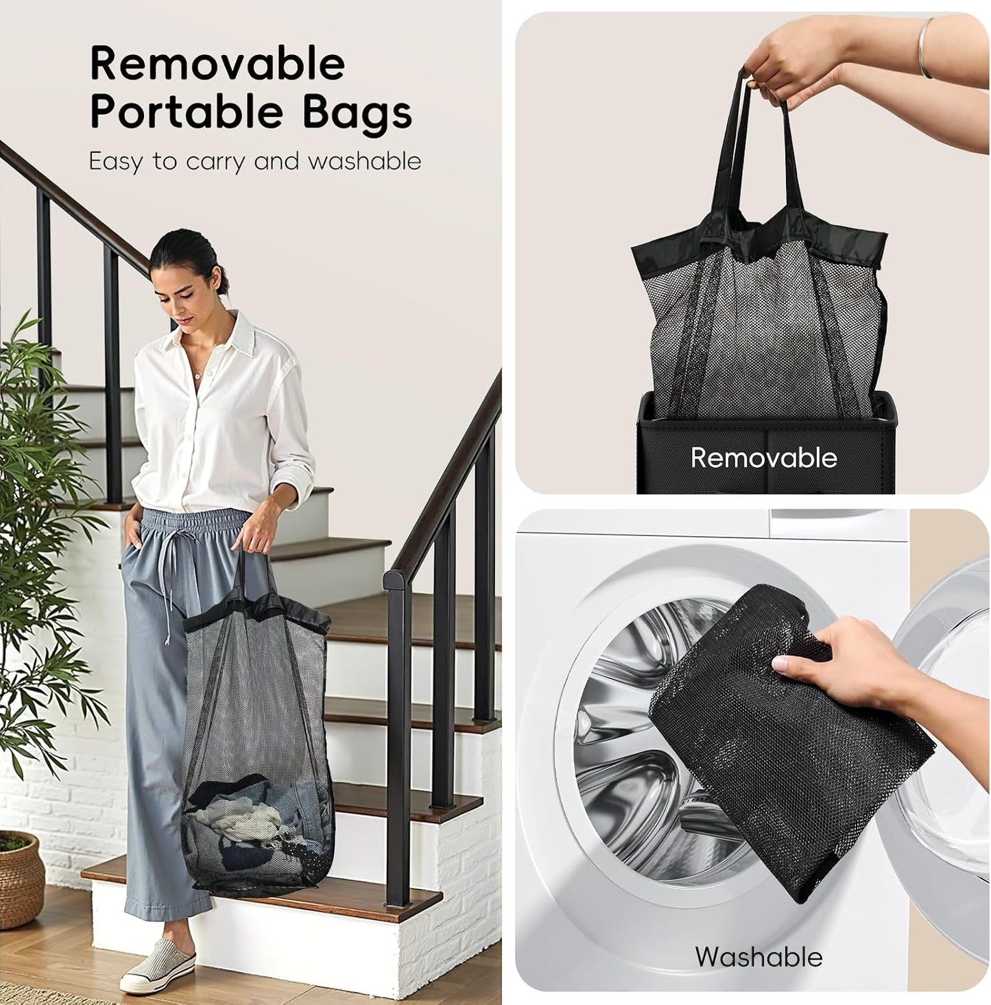 185L Laundry Hamper 3 Section, Laundry Hamper with Lid, Dirty Clothes Hamper with 3 Removable Washing Bags, Extra Large Laundry Basket Organizer for Bedroom, Laundry Room, Dorm - Black