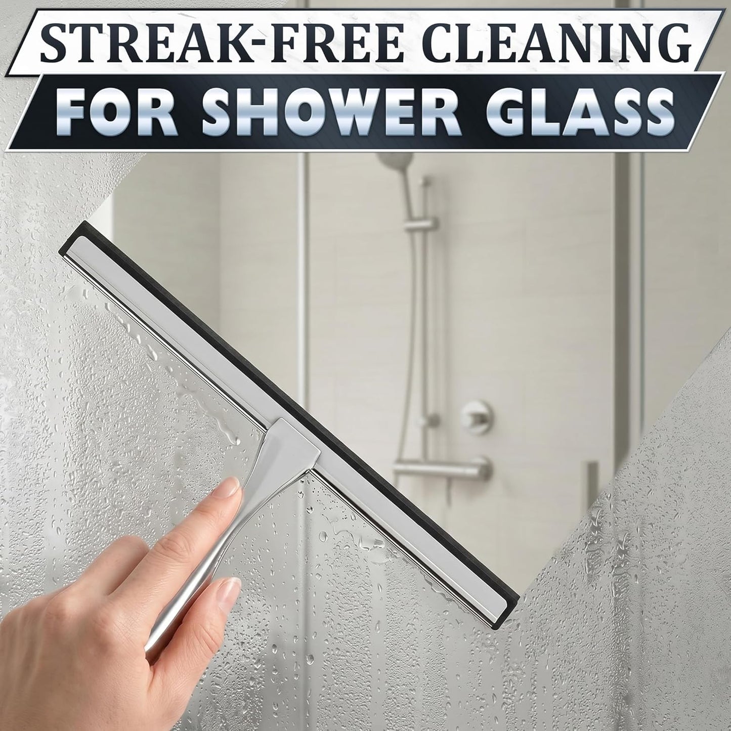 Shower Door Squeegee with Adhesive & Hanging Hooks, 12" Silicone Blade - Stainless Steel All-Purpose Squeegee for Shower Glass, Bathroom Mirror Cleaner Tool Suitable for Tile Walls - Multi-Surface Use