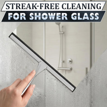 Shower Door Squeegee with Adhesive & Hanging Hooks, 12" Silicone Blade - Stainless Steel All-Purpose Squeegee for Shower Glass, Bathroom Mirror Cleaner Tool Suitable for Tile Walls - Multi-Surface Use