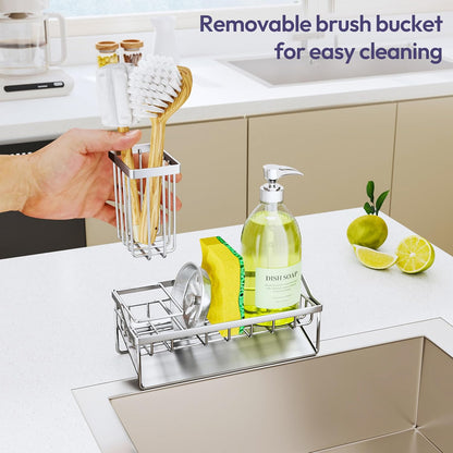 SWTYMIKI Sink Caddy Sponge Holder - Kitchen Sink Organizer with High Brush Holder for Countertop to Hold Dish Soaps and Sponges, Stainless Steel, Black