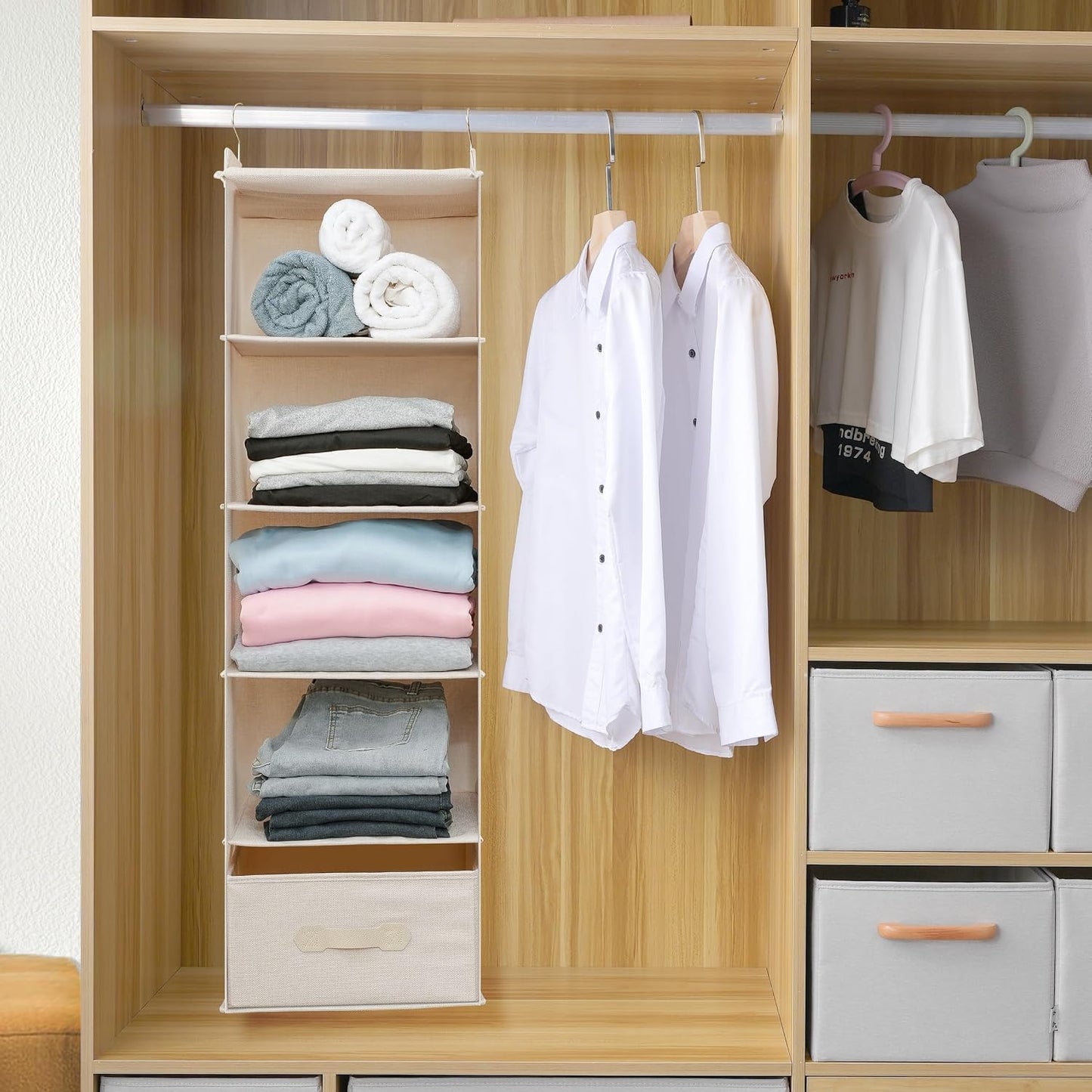 Large Hanging Sweater Organizer for Closet,Collapsible 6-Shelf Hanging Closet Shelves with Drawers, Washable (Grey-6 Shelf)