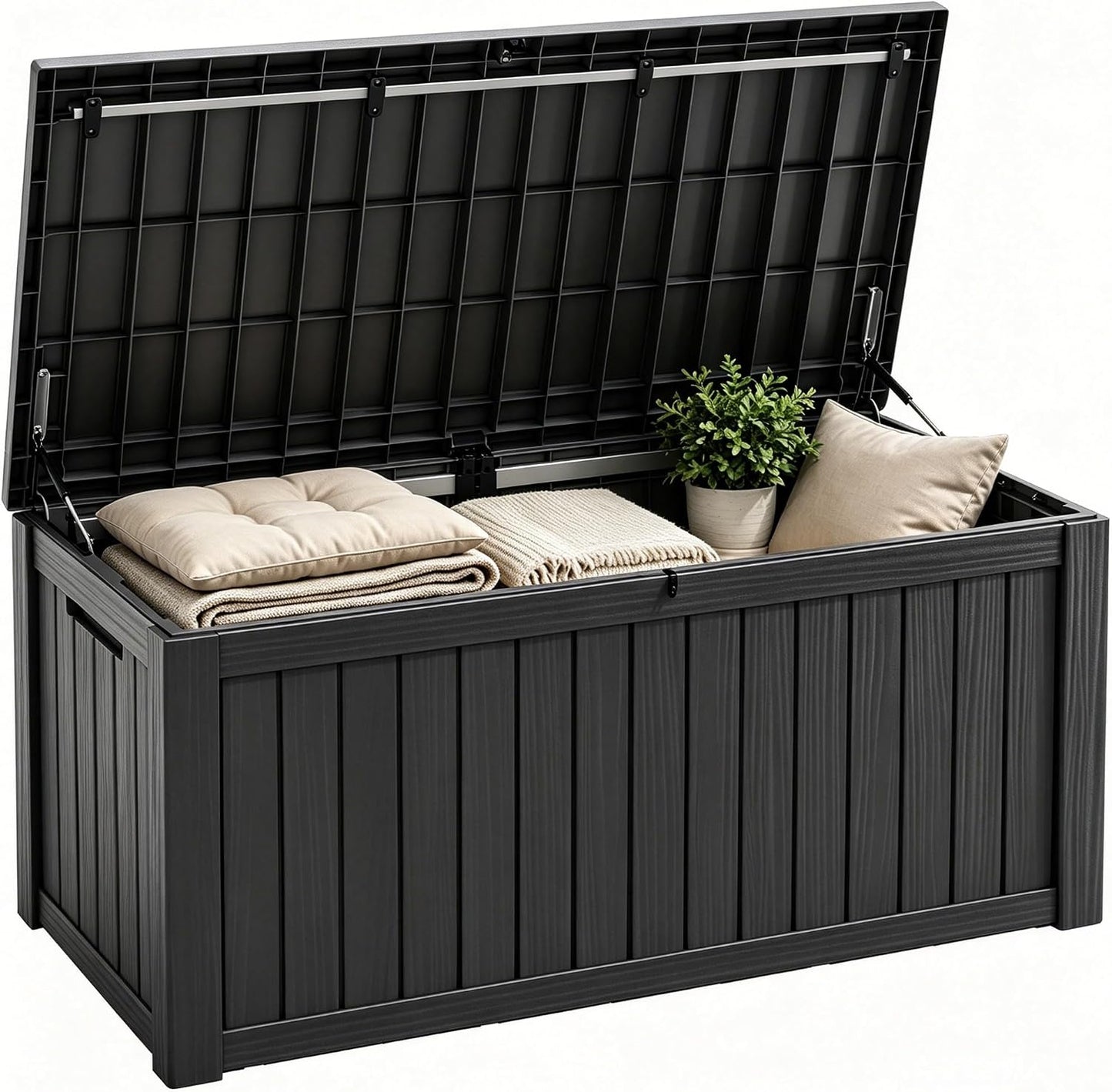 Fancyango 75 Gallon Outdoor Deck Box Waterproof, Large Storage Box for Patio, Resin Storage Bench Lockable for Garden Tools, Package Delivery, Black
