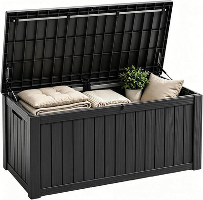 Fancyango 75 Gallon Outdoor Deck Box Waterproof, Large Storage Box for Patio, Resin Storage Bench Lockable for Garden Tools, Package Delivery, Black