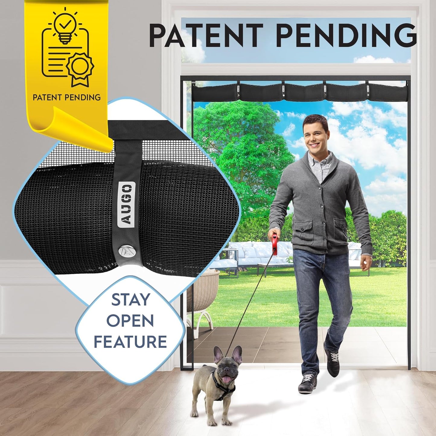 AUGO Heavy Duty Magnetic Screen Door – Fiberglass Pet Resistant Mesh, Self Sealing Hands Free Magnetic Closure, Tear Resistant Door Screen Keeps Bugs Out, Patent Pending Keep Open Feature – 38” x 83”