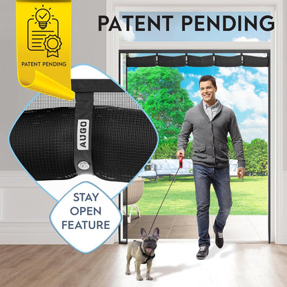 AUGO Heavy Duty Magnetic Screen Door – Fiberglass Pet Resistant Mesh, Self Sealing Hands Free Magnetic Closure, Tear Resistant Door Screen Keeps Bugs Out, Patent Pending Keep Open Feature – 38” x 83”