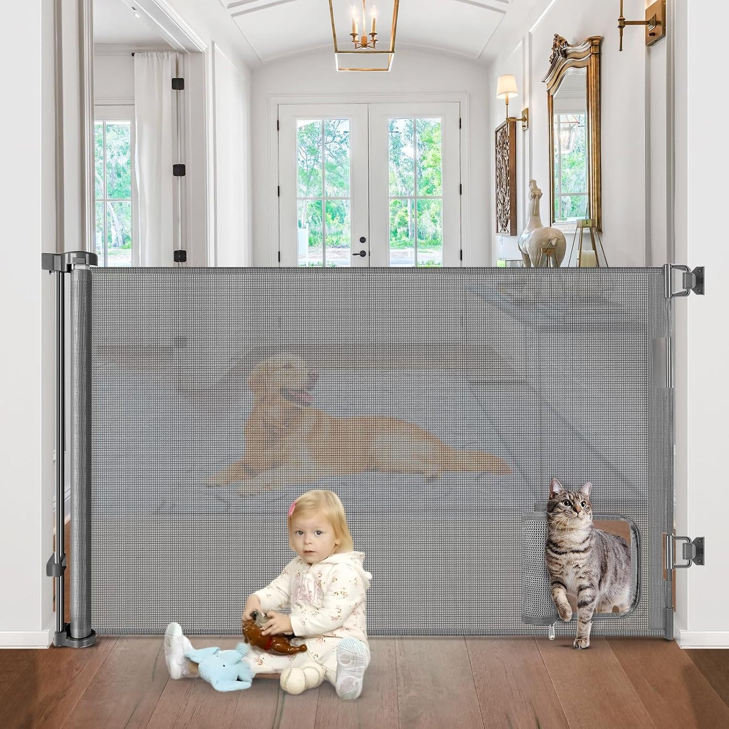 Retractable Baby Gate with Cat Door 55" Wide Retractable Baby Gate for Stairs Mesh Baby Gate with Pet Door Retractable Dog Gate for The House Retractable Pet Gate with Door Safety Gates for Toddlers