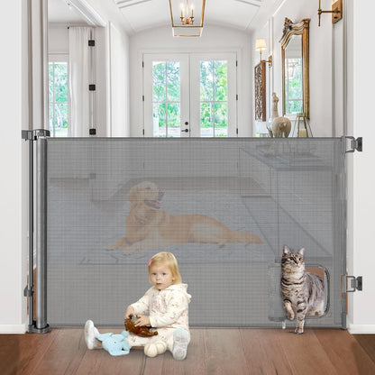 Retractable Baby Gate with Cat Door 55" Wide Retractable Baby Gate for Stairs Mesh Baby Gate with Pet Door Retractable Dog Gate for The House Retractable Pet Gate with Door Safety Gates for Toddlers