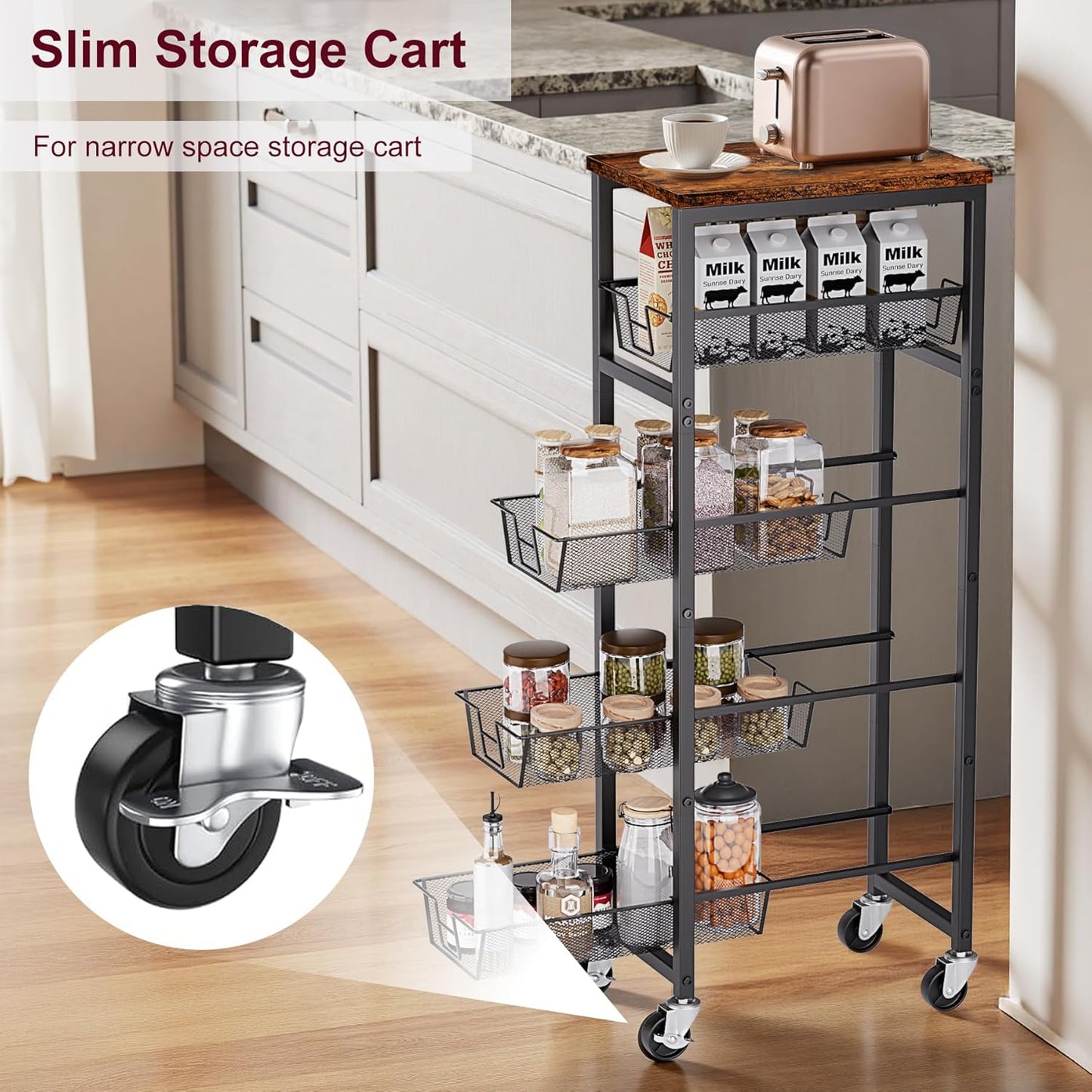 Honest Slim Storage Cart 4-Tier Slim Rolling Cart with Metal Frame and Wooden Top, 6.3 Inches, Storage Cart for Kitchen, Dining Room, Living Room, Bathroom, Home Office, Rustic Brown and Black