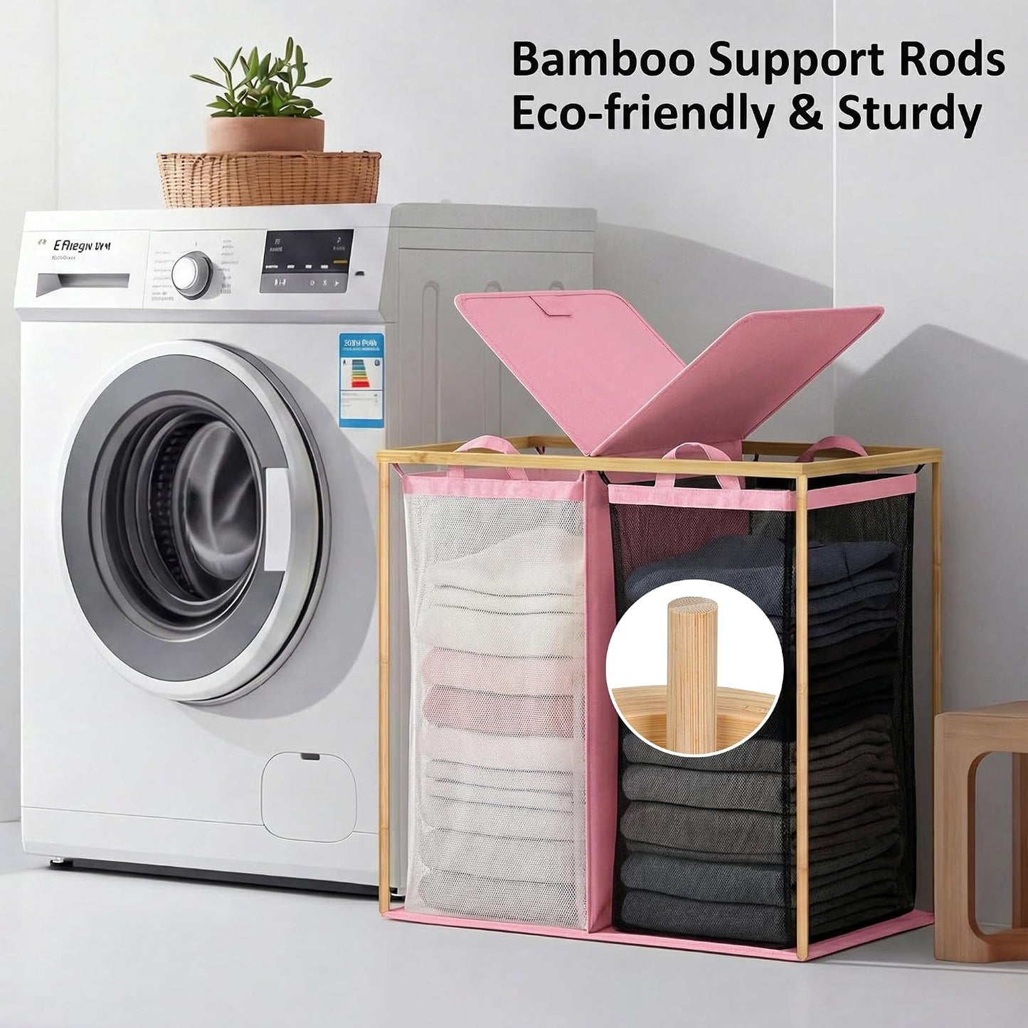 efluky Laundry Hamper with Lid, Trio Laundry Basket with 2 Removable Bags, 3 Section Laundry Bin with Bamboo Handles for Bathroom, Bedroom & Laundry Room, 160L (42.3 Gallon) Beige
