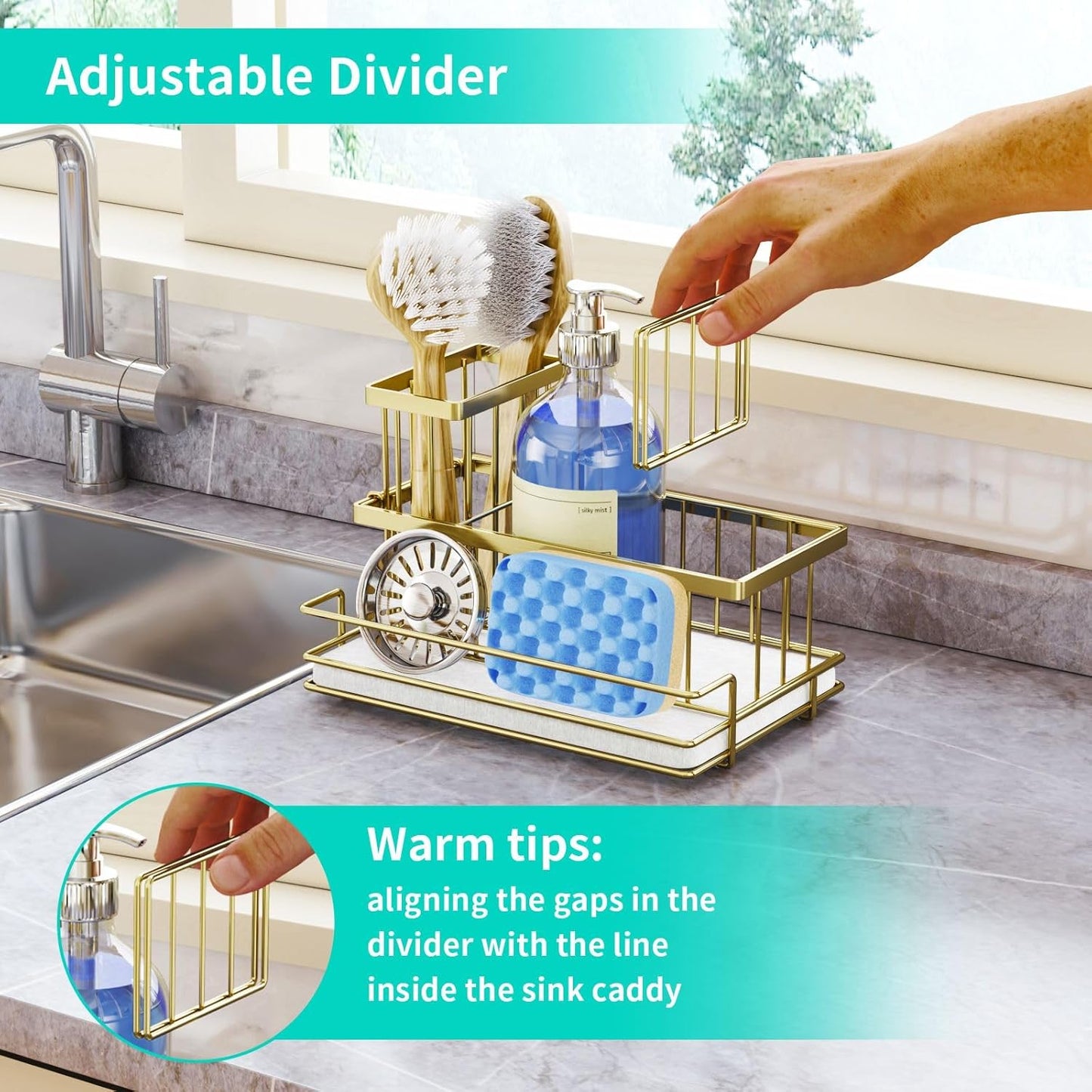 HapiRm Sink Caddy Sponge Holder - Kitchen Sink Organizer with Instant Drying Stone and Brush Holder, Stainless Steel Sponge Caddy for Kitchen Countertop - Black
