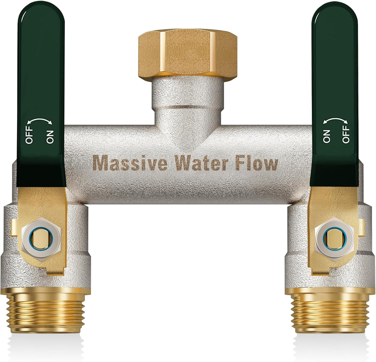 Hose Splitter 2 Way Heavy Duty, Garden Hose Splitter with 304 Stainless Steel Long Handle, Full Flow Brass Nickel Plated Water Hose T Spigot Splitter Adapter Connector, 3/4 - Inch GHT Thread (Blue)