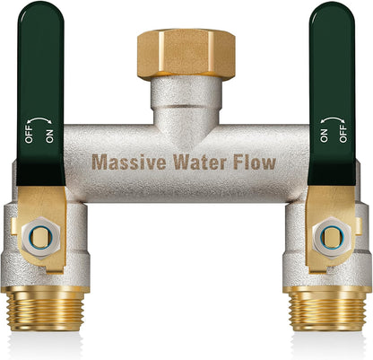 Hose Splitter 2 Way Heavy Duty, Garden Hose Splitter with 304 Stainless Steel Long Handle, Full Flow Brass Nickel Plated Water Hose T Spigot Splitter Adapter Connector, 3/4 - Inch GHT Thread (Blue)