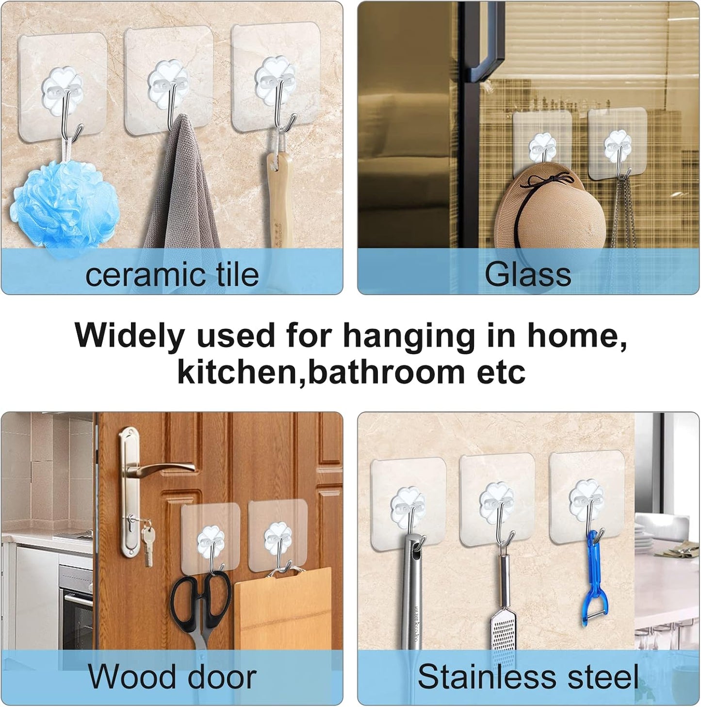 30 Packs Large Adhesive Wall Hooks, Heavy Duty Hold 44lb(Max) Wall Hooks for Hanging, Transparent Waterproof Rustproof Sticky Hooks for Kitchen Bathroom Home Office