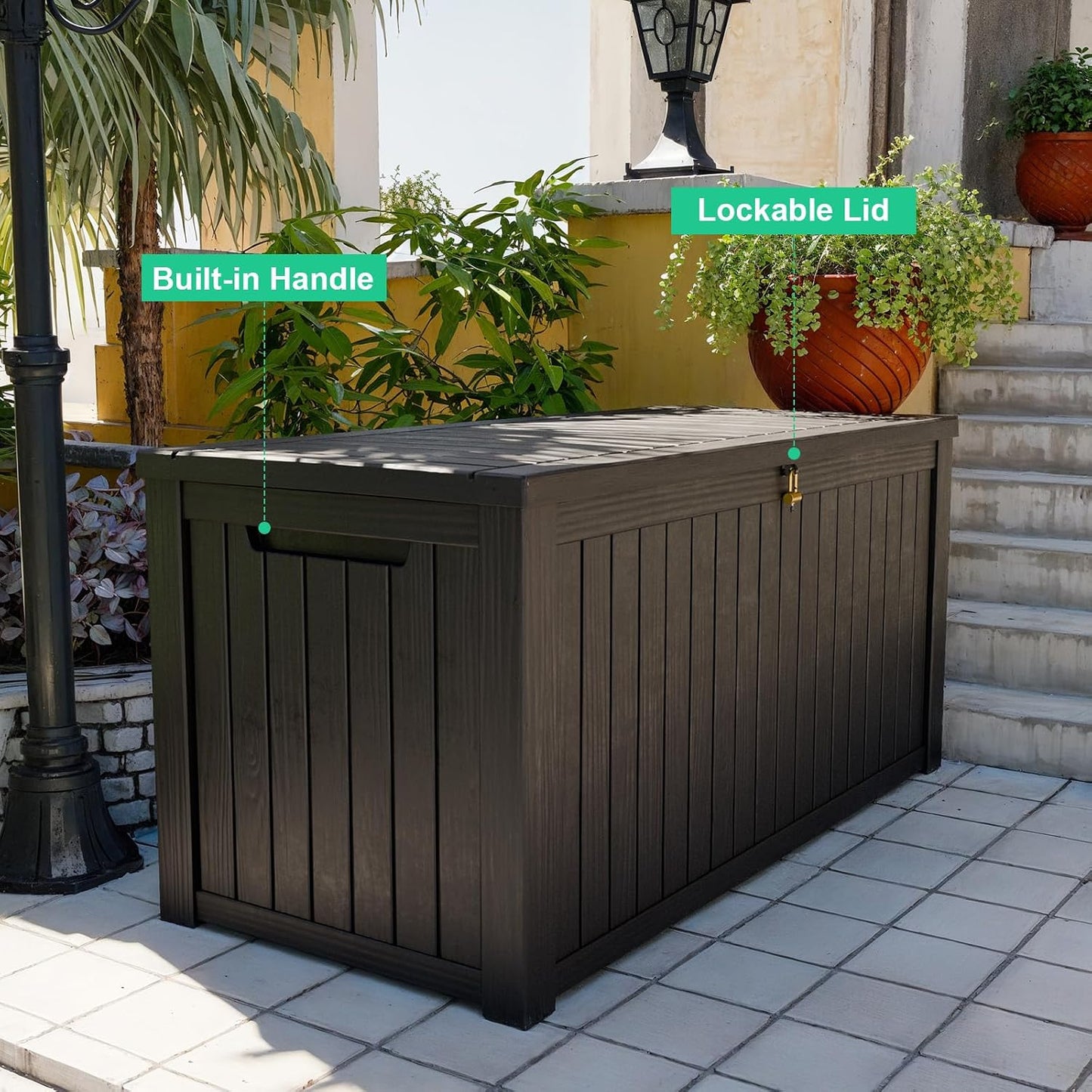 30 Gallon Outdoor Deck Box, Lockable Waterproof Outdoor Storage Boxes For Garden Tools,Indoor Cushions,Accessories Outside Storage Resin Weatherproof Container(Black)