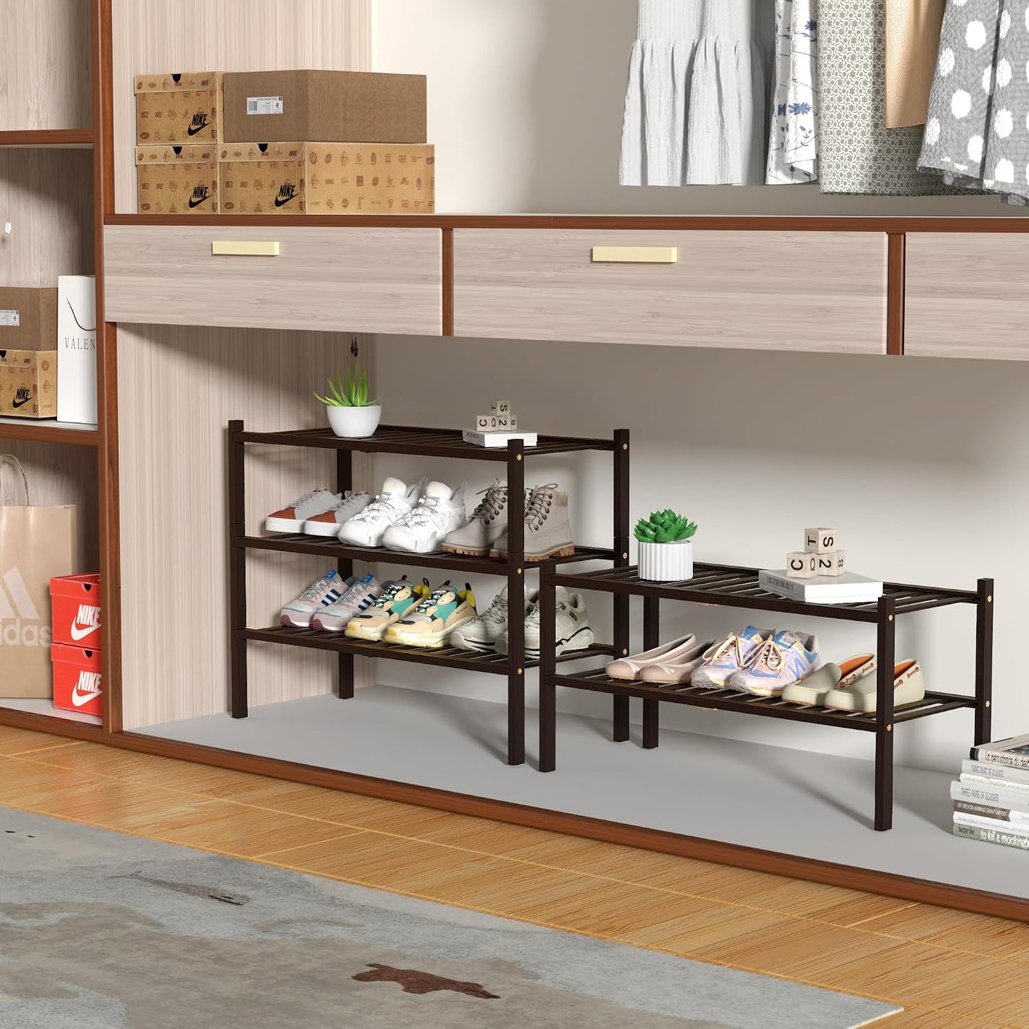 ROMGUAR CRAFT 3 Tier Bamboo Shoe Rack for Closet Free Standing Wood Shoe Shelf Storage Organizer for Entryway Small Space Stackable 27"x11"x20" (Natural)